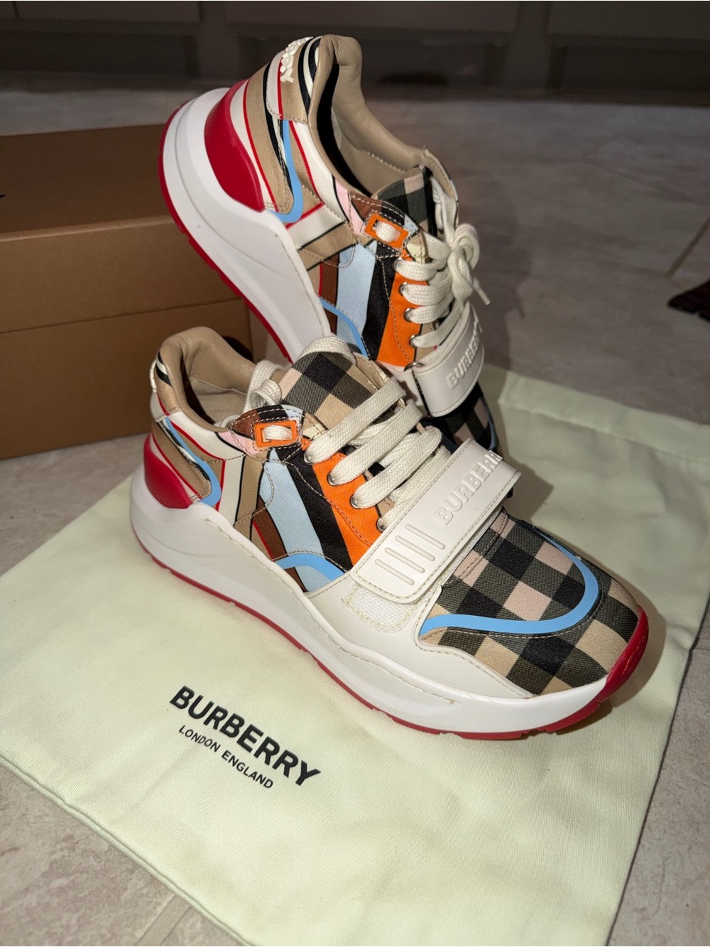 Burberry Women’s Plaid Sneakers with Orange and Red Accents
